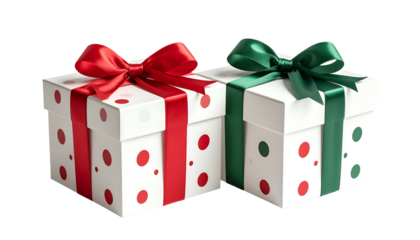 Two white gift boxes with polka dots, wrapped with vibrant red and green ribbons and bows