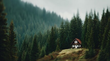 A small, cozy cabin nestled amidst a dense, evergreen forest on a misty day