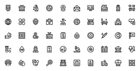 Blood donation icon set. Medical vector icons pack. Includes symbols for blood bag, syringe, transfusion, hospital, nurse, heart, test tube, ambulance and more. Editable stroke.
