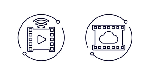 Video streaming line icons with cloud and film strip