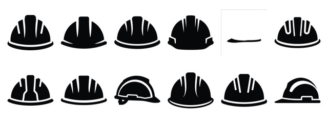 Minimalist black silhouette of a hard hat vector icon set.