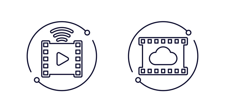 Video streaming line icons with cloud and film strip