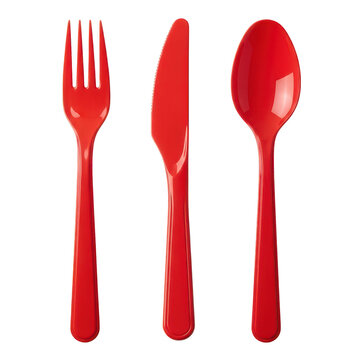 Red plastic fork knife and spoon set isolated on transparent background