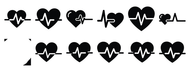 Minimalist black silhouette of a heart rate vector icon set.