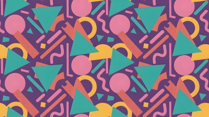 Dynamic retro style geometric pattern featuring a lively arrangement of colorful shapes like circles triangles and wavy lines on a vibrant purple background