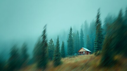 Atmospheric view of a small cabin nestled amidst a foggy, evergreen forest on a hillside