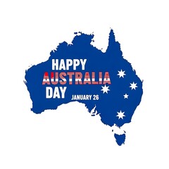 Happy australia day celebration with flag design on blue map isolated on white background