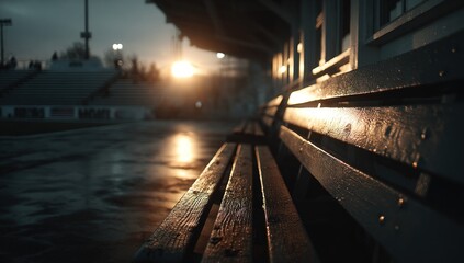 Atmospheric shot of wet stadium benches reflecting the setting sun or stadium lights, empty stands