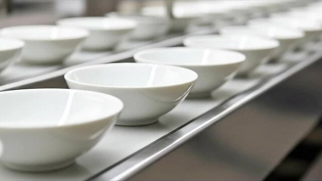 White Ceramic Bowls on Metal Trays in a Row Close Up Shot for Food Presentation and Restaurant