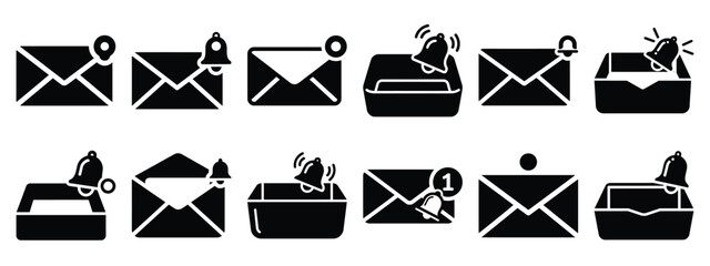 Minimalist black silhouette of a inbox notification vector icon set.