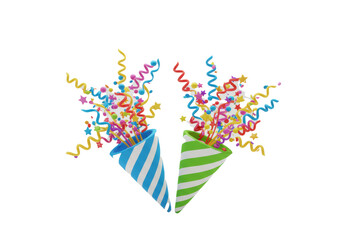 Two 3D rendered striped party poppers bursting, exploding vibrant confetti (spheres, stars, ribbons) on a white background with copy space, festive celebration atmosphere