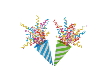 Two 3D rendered striped party poppers bursting, exploding vibrant confetti (spheres, stars, ribbons) on a white background with copy space, festive celebration atmosphere