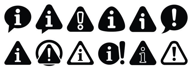 Minimalist black silhouette of a info alert vector icon set.