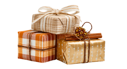 Three stacked wrapped presents, with ribbons and decorative elements