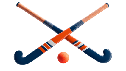 Two crossed field hockey sticks with an orange ball against a stark black background