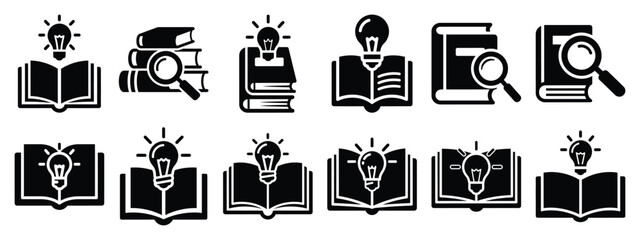 Minimalist black silhouette of a knowledge base vector icon set.