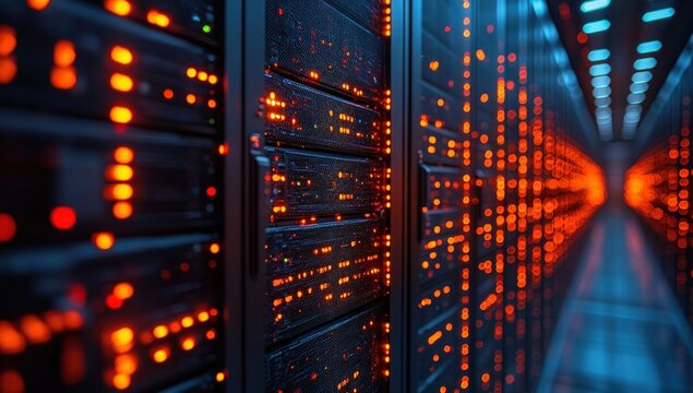 Dark data center aisle lined with numerous server cabinets, glowing with thousands of active orange indicator lights - Powered by Adobe