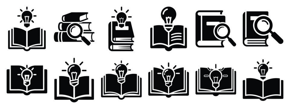 Minimalist black silhouette of a knowledge base vector icon set.