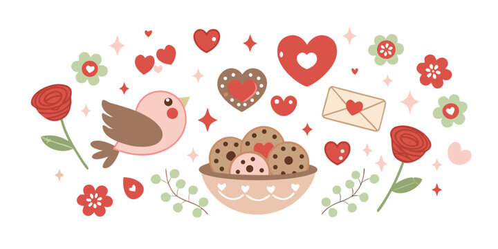 Charming valentine s day illustration with birds hearts flowers and sweet treats