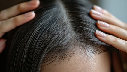 Close-up of hands parting dark hair, showing a neat scalp part, roots, and fine strands