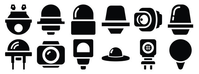 Minimalist black silhouette of a light sensor vector icon set.