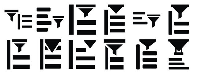 Minimalist black silhouette of a list filter vector icon set.