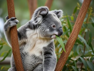 Koala bear climbing tree with green leaves in natural outdoor setting slowly