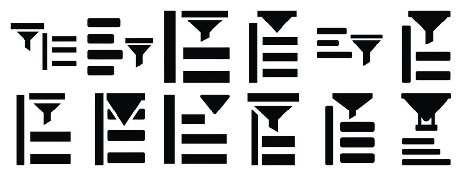 Minimalist black silhouette of a list filter vector icon set.