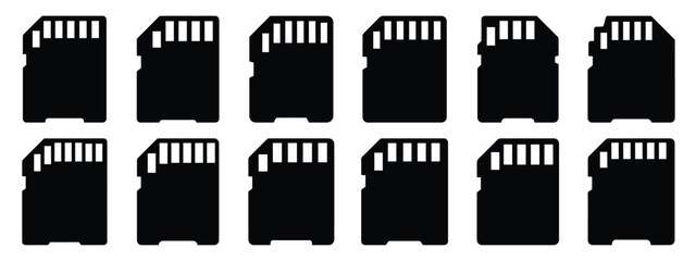 Minimalist black silhouette of a memory card vector icon set.