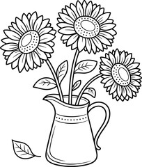 PrintBotanical line art illustration of sunflowers in a ceramic pitcher, floral bouquet drawing for coloring book pages, summer nature vector.