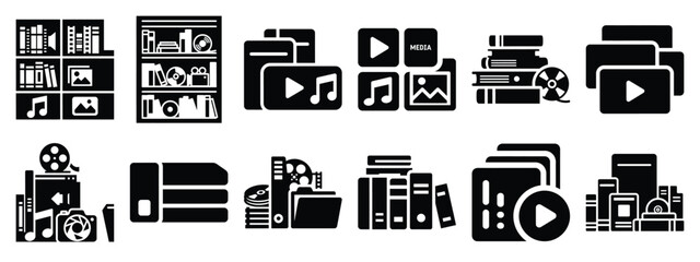 Minimalist black silhouette of a media library vector icon set.