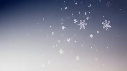 Delicate white snowflakes gently fall against a soft gradient sky in shades of blue and white creating a serene and magical winter background scene with peacefu