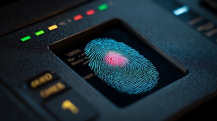 Close-up of a digital fingerprint scan on a biometric security device, illuminated
