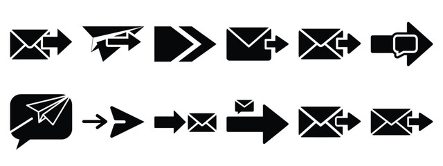 Minimalist black silhouette of a message forward vector icon set.