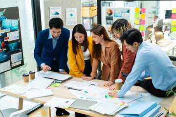 Young asian modern people in smart casual wear having meeting planning work together as a team and present ideas at work.financial report statistical data,Brainstorm,planning,briefing activity concept