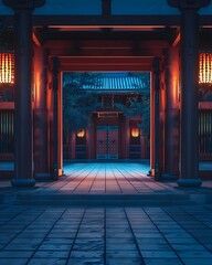 Illuminated Asian Gate, isolated on transparent background