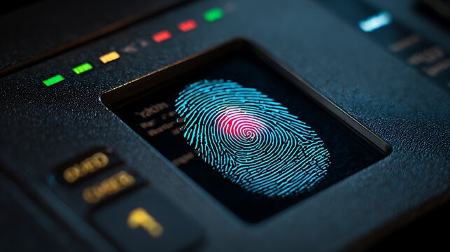 Close-up of a digital fingerprint scan on a biometric security device, illuminated - Powered by Adobe