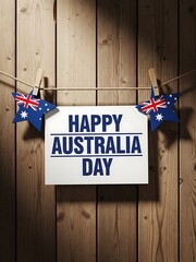 Happy australia day sign with australian flags on a wooden background