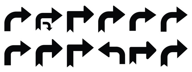 Minimalist black silhouette of a navigation turn vector icon set.