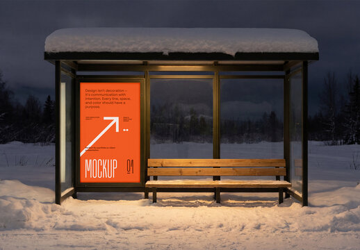 Template Mockup Outdoor Bus Stop Poster Advertising Branding and Identity in Winter Night Scene