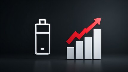 Illustration of a battery icon with rising bar graph and arrow, representing growth