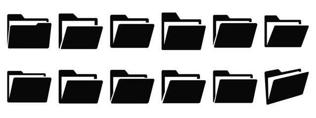Minimalist black silhouette of a open folder vector icon set.