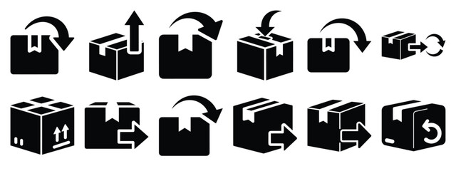 Minimalist black silhouette of a package return vector icon set.