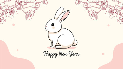 Fototapeta premium Happy new year greeting card featuring a charming white rabbit sitting under cherry blossom branches in a soft pink background.