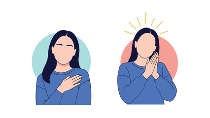 Fototapeta premium Woman in a blue sweater shows two different gestures of gratitude and appreciation with her hands over her heart and palms.