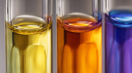 A close-up of test tubes filled with colorful liquid, each tube showing different colors.