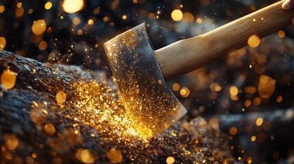 Swinging an axe against a log creates sparks and wood shavings in a forest setting during the daytime