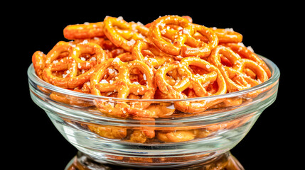 A bowl of twisted pretzels with salt on top, on dark background.