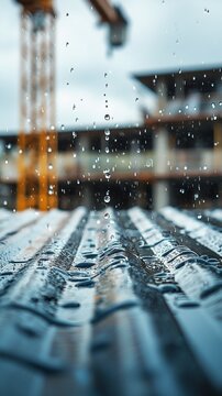 Raindrops falling on a metal surface at a construction site during cloudy weather in the late afternoon