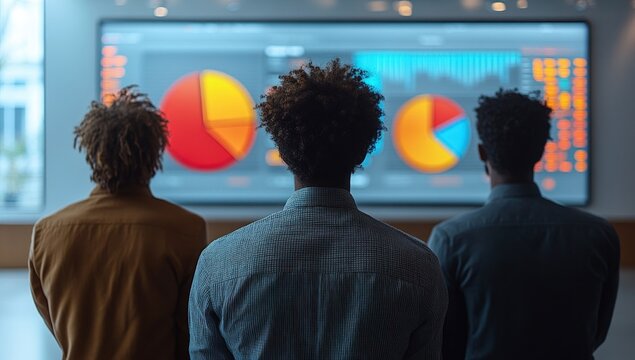 Three men watch a large screen showing vibrant data visualizations, pie charts, and bar graphs - Powered by Adobe